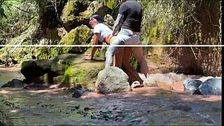 Brunette teen prostitute licks cock bent over before homemade doggystyle by river