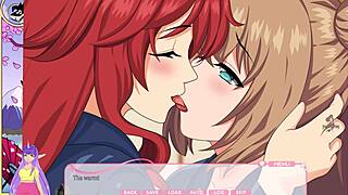 lewd asian blonde redhead idols kiss passionately in steamy hot spring game