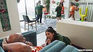 game day babe chokes on muscular guy's deepthroat face fuck