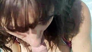 Milf slut natural tits fucked poolside close up cumshot