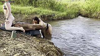 damn these two fat bbw amateurs suck my big black cock outdoors then i creampie both riding rough