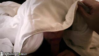 sneaking under the covers for his tiny dick blowjob