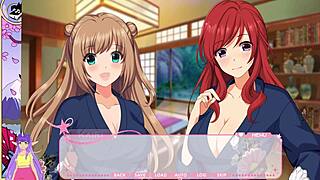 lewd asian blonde redhead idols kiss passionately in steamy hot spring game