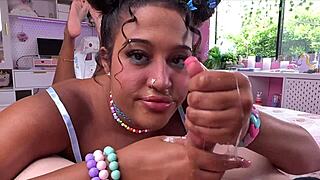 omg my cute tanned roommate ebony with huge saggy tits pierced nipples let him throat fuck cum on face