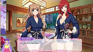 lewd asian blonde redhead idols kiss passionately in steamy hot spring game