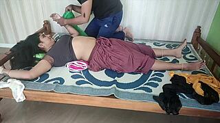 hey, watch this chubby indian wife tied up on bed for bdsm foreplay and licking