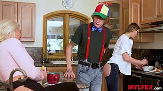 mylfex spoiled boy sneaks taboo pleasures from hot mom and step-aunt in kitchen... glasses cougar roleplay gone wild?