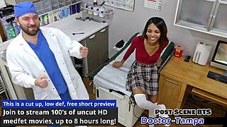 Dr tampa gloves up for backstage exam humiliating solana's shaved pussy and huge tits spread wide.