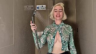 sexy blonde tries on wet clothes haul shower pussy tease boobs huge