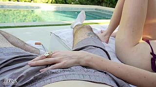 busty redhead bikini babe with big natural tits craves sucking and fucking my cock by the public pool