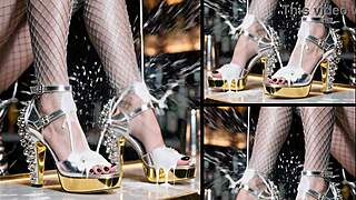 Cum oozes from shiny high heels on bar counter messy feet creampie