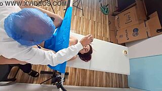 Redhead patient squirts during kinky gyno exam blindfold