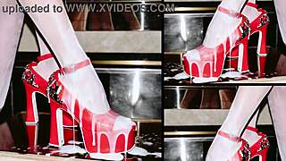 Cum oozes from shiny high heels on bar counter messy feet creampie
