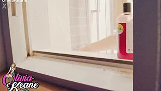 Your busty british neighbor with big natural tits showers flashing chubby curves for peeping eyes