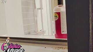 Your busty british neighbor with big natural tits showers flashing chubby curves for peeping eyes