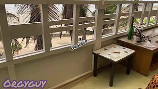 at the beach house i flash my ebony pussy bending over for everyone