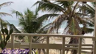 at the beach house i flash my ebony pussy bending over for everyone