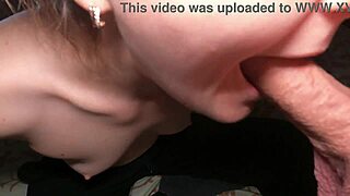 Blowjob close-up deepthroat cumshot on petite redhead girlfriend