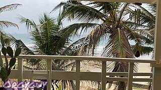 at the beach house i flash my ebony pussy bending over for everyone