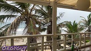 at the beach house i flash my ebony pussy bending over for everyone