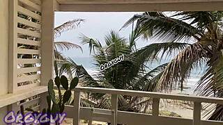 at the beach house i flash my ebony pussy bending over for everyone