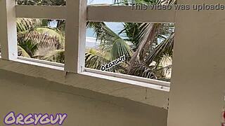 at the beach house i flash my ebony pussy bending over for everyone