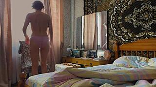 Heartfelt Russian Wife Strips Panties in Bedroom for Intimate Roleplay