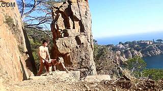 Hot amateur couple fucks outdoors on public path to orgasm