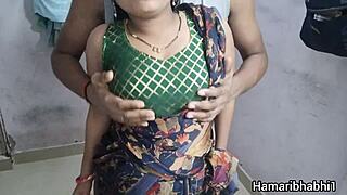 Indian bhabhi lifts saree for hot desi pussy pounding in Hindi