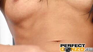 Her pink shaved pussy swallows whole dildo cums explosively