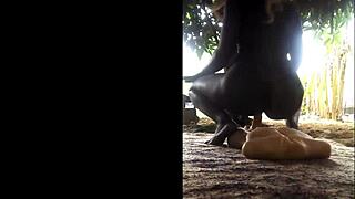 lesbian slut rides huge dildo outdoors on public street