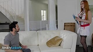 gorgeous redhead nurse spreads shaved pussy on sofa for patient licking and hard fucking