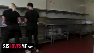 Stepsisters Asia and Mads ride stepbro's cock at work after hours