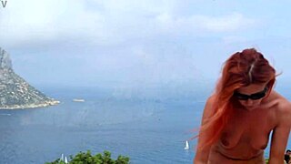 She strips naked flashing shaved pussy clit piercing on beach streets