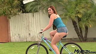 Slim biker amateur's teasing ride leads to creamy facial finish