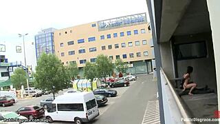 Gagged slut bound tight and fucked hard in public view