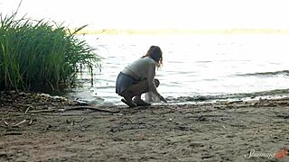 Teen redhead mia fingers shaved pussy to wild lakeside orgasm