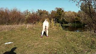 Autumn sport milf frina strips naked outdoors for public doggy lover fuck