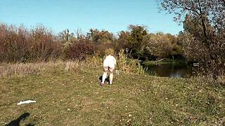 Autumn sport milf frina strips naked outdoors for public doggy lover fuck