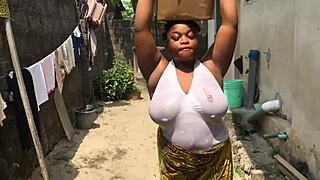 a fat bitch with huge natural tits gets fucked hard outdoors after help