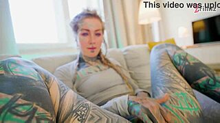 Tattooed Anuskatzz takes double anal gangbang DAP ATM then huge facial