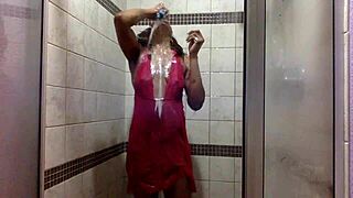 GINGER MILF SOAKS PINK LACE PANTIES IN WET SHOWER PLAY!