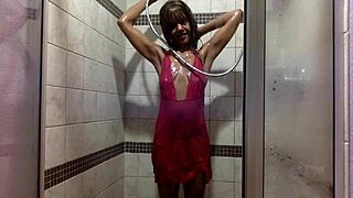 GINGER MILF SOAKS PINK LACE PANTIES IN WET SHOWER PLAY!