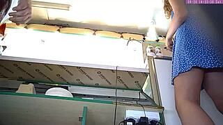 Sexy blonde step sister caught on hidden voyeur upskirt cam at work