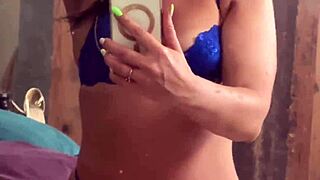blue lace milf teases mirror with dirty talk before squirting all over it
