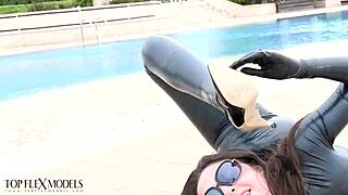 flexi latex ballerina milf in catsuit gets outdoor fuck doll treatment