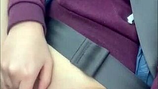 Milf Masturbates Shaved Pussy in Car on Drive