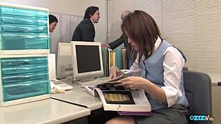 Sexy office bitch bent over desk takes two hard cocks doggystyle deepthroat and pussy pounding