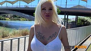 spanish milf flashes big tits by river then rides young cock home