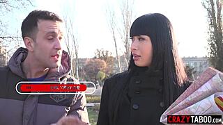 Desperate asian babe gags on huge white cock then swallows cum